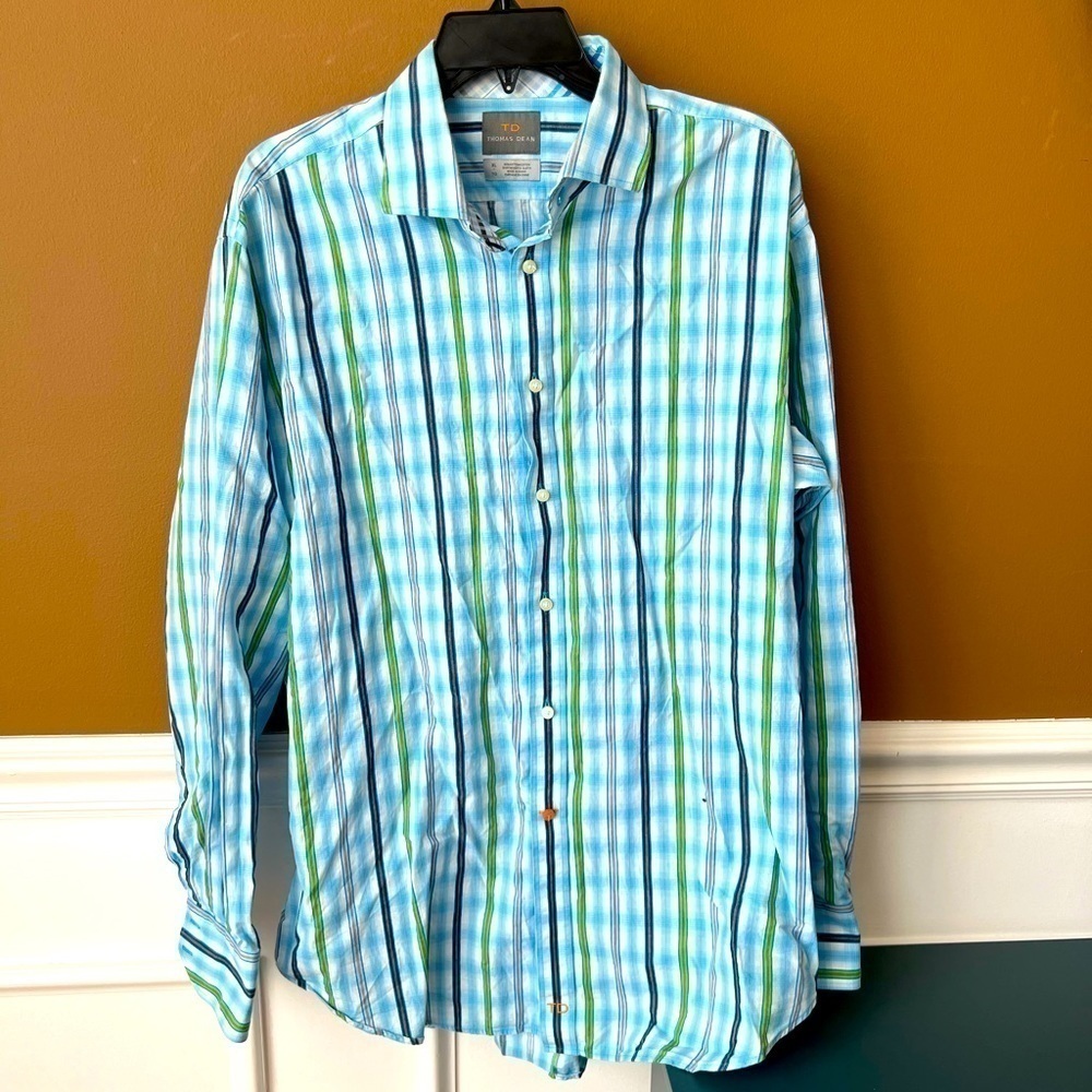 Thomas Dean Blue and Green Plaid Button-Down Shirt Size XL